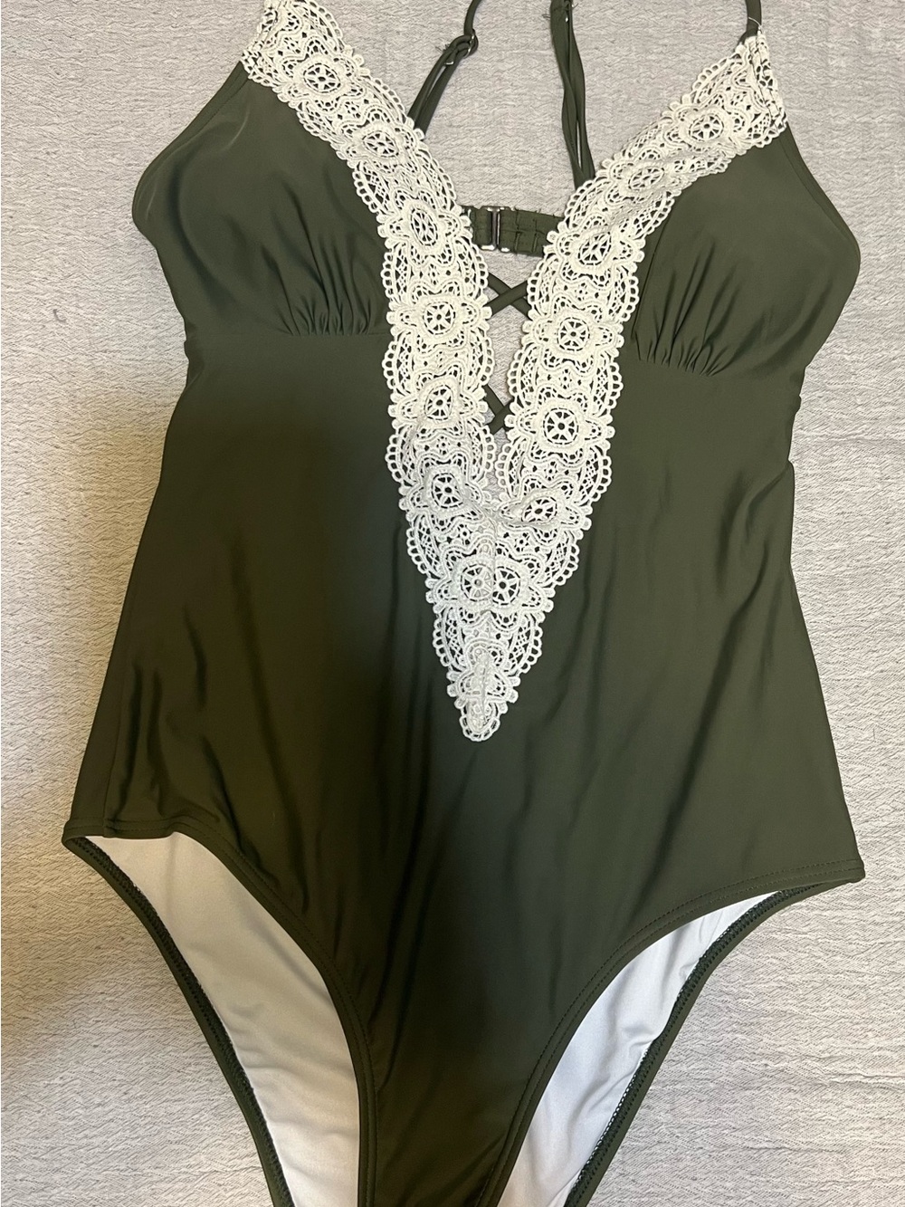 Olive Green Crochet Lace One Piece Swimsuit Boho Plunge V Neck